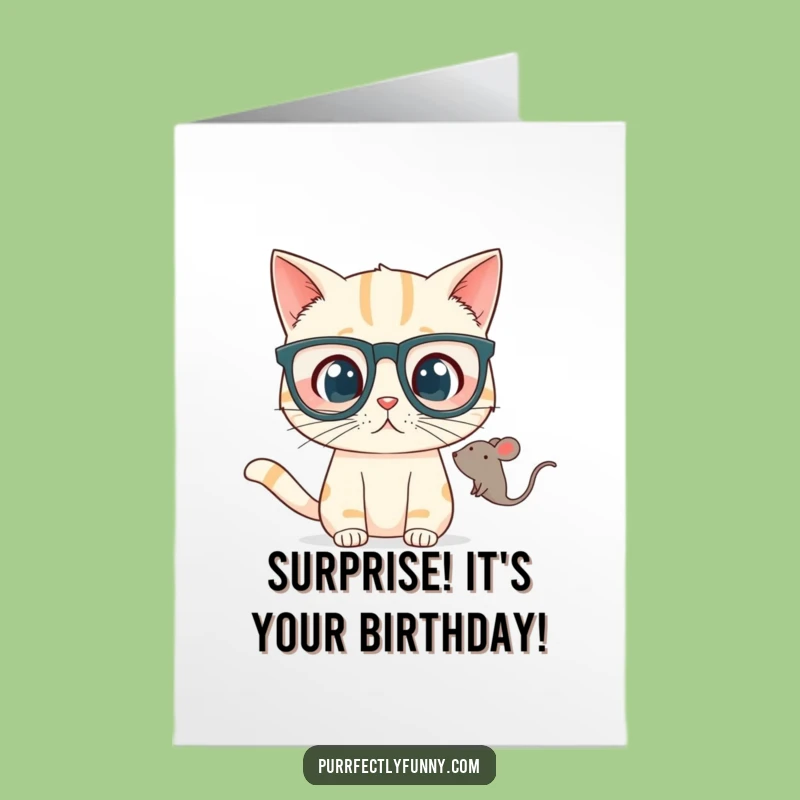 Free Printable Birthday Card: Surprised Cat & Toy Mouse - Funny Downloadable