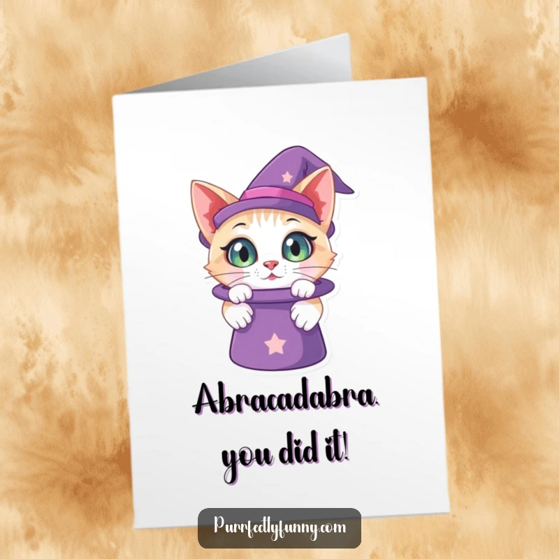 Funny Free Printable Congratulations Card: Cat peering with fascination into a magic hat, eyes wide with wonder.