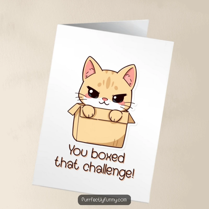 Funny Free Printable Congrats Card: A cat is peeking out from a cardboard box, sporting a sly, mischievous smirk.