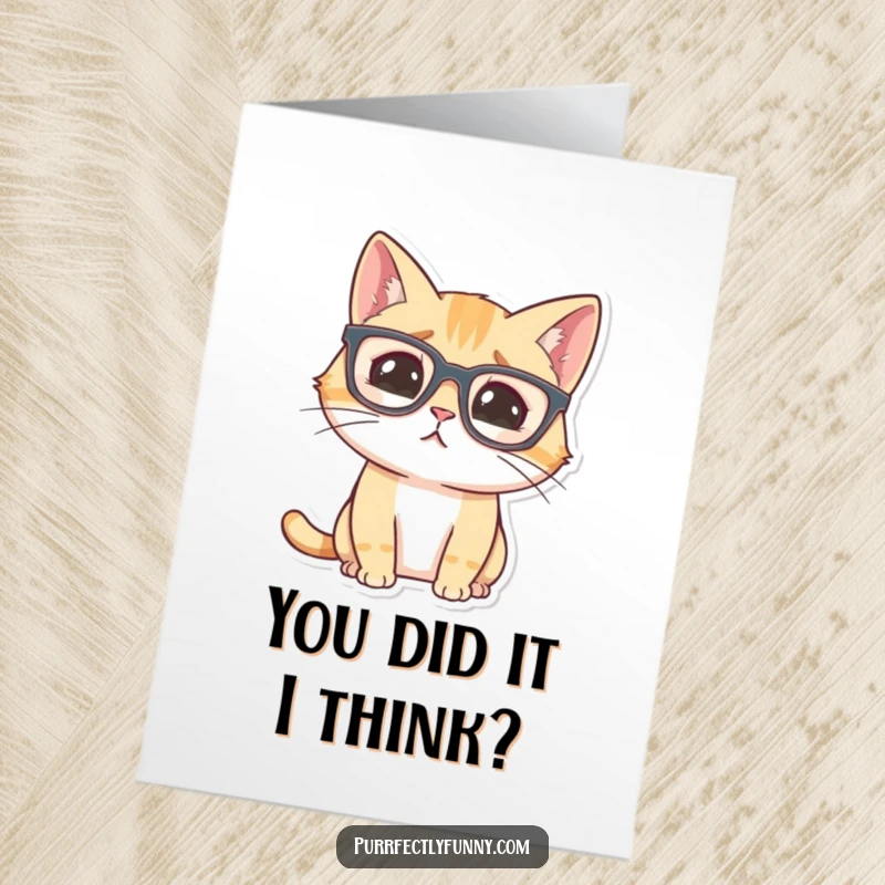 Funny Free Printable Congratulations Card featuring a cat in oversized glasses looking completely baffled by success.