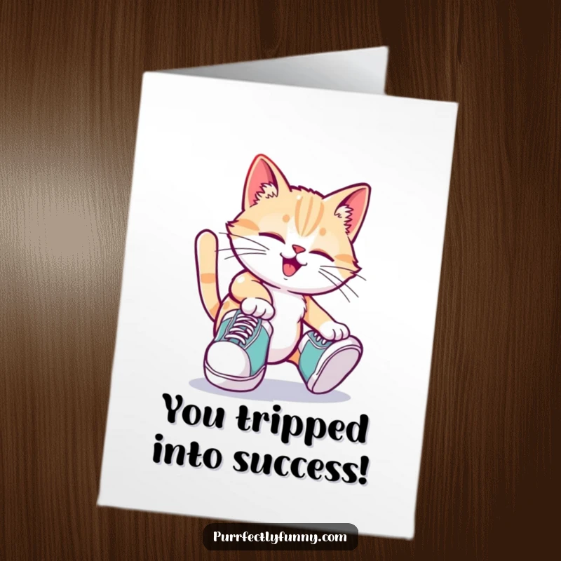 Funny Free Printable Congratulations Card: a cat in huge shoes takes a playful tumble, celebrating success.