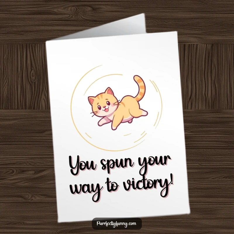 Funny Free Printable Congratulations Card: Cat joyfully chasing its tail in a dizzying spiral, symbolizing enthusiastic achievement.