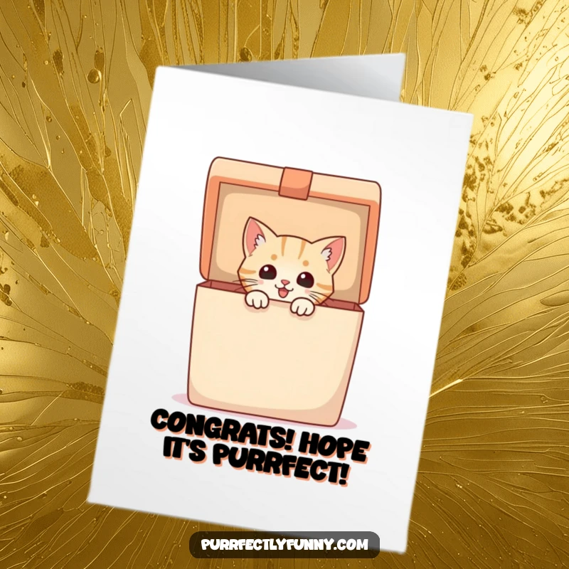 Funny free printable congratulations card showing an overjoyed cat popping out of a huge gift box with enthusiasm.