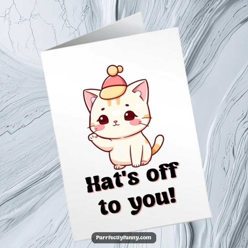 Funny Free Printable Congratulations Card with a fancy cat tipping its hat stylishly, celebrating an honor.