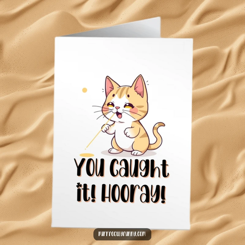 Funny Free Printable Congratulations Card: Goofy cat focused intently on a elusive red laser dot, a winner for any occasion.