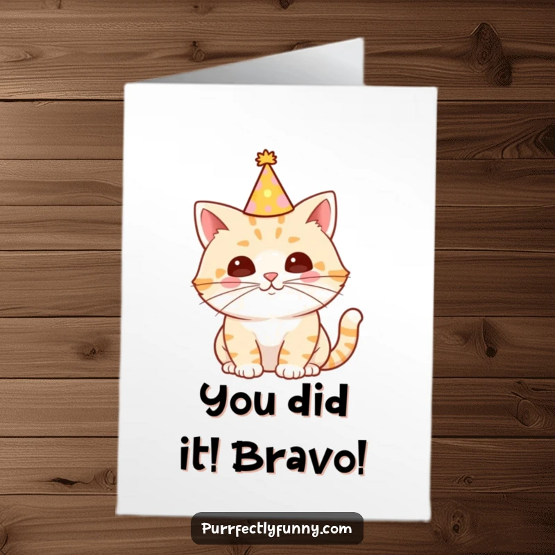 Funny Free Printable congratulations card: A joyful cat in a party hat with an extra-long celebratory whisker, spreading cheer.