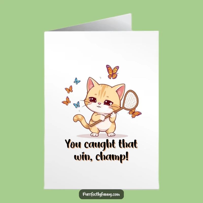 Free Printable Congrats Card: Goofy Cat Netting Success, Hilarious Downloadable Gift