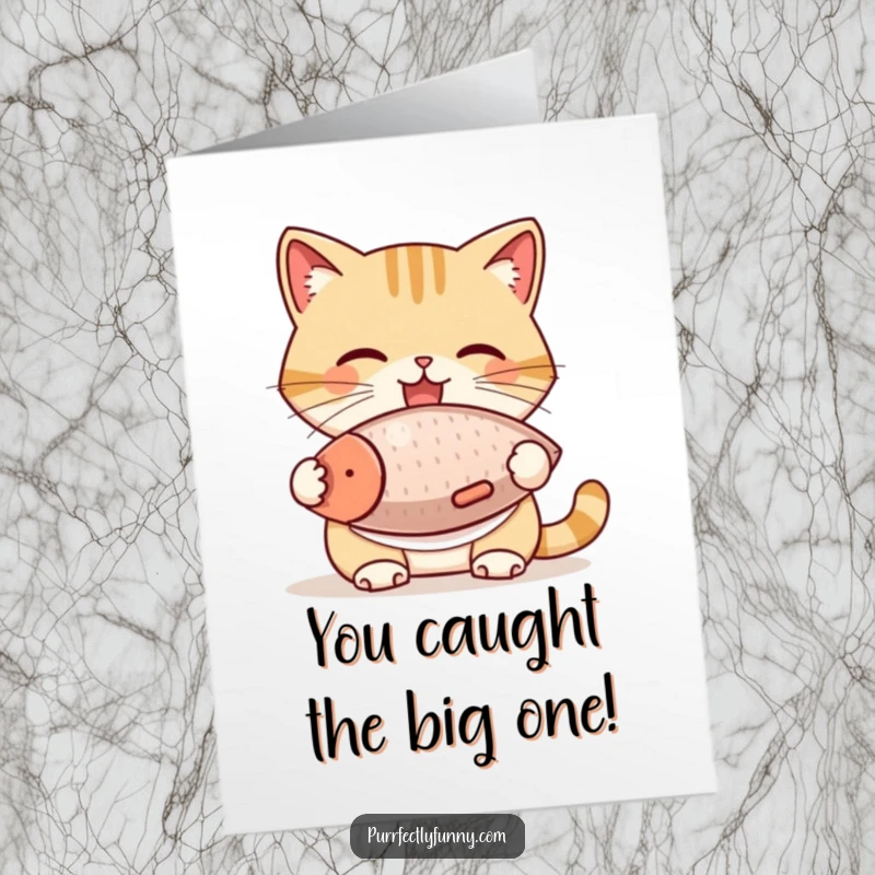 Funny Free Printable Congratulations Card: A plump cat in a bib happily devours a giant fish, celebrating success.