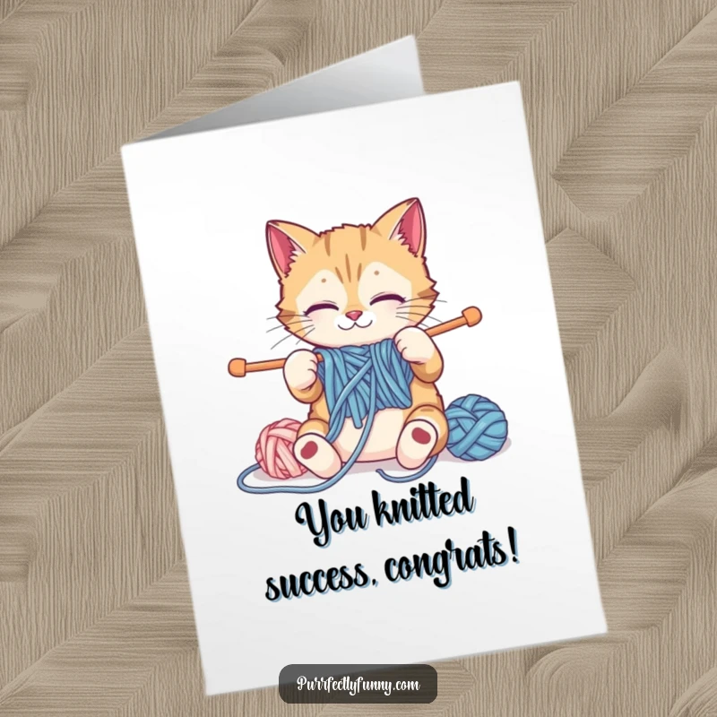 Funny Free Printable Congratulations Card showing a cat tangled in oversized yarn while attempting to knit.