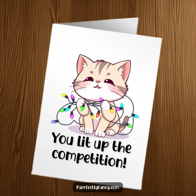 Funny Free Printable Congratulations Card: Amused cat tangled in colorful festive lights, a humorous celebration.