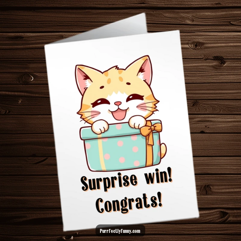 Funny Free Printable Congrats Card: Mischievous cat hid behind gift, perfect DIY funny downloadable gift for congrats.