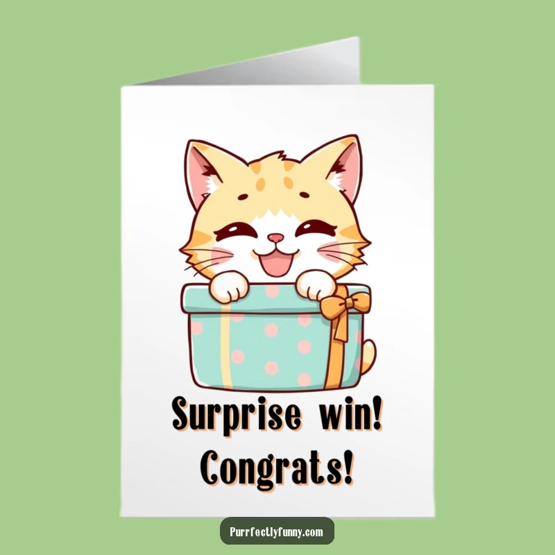 Free Printable Congrats Card: Mischief Cat Behind Gift - Funny Downloadable Celebration