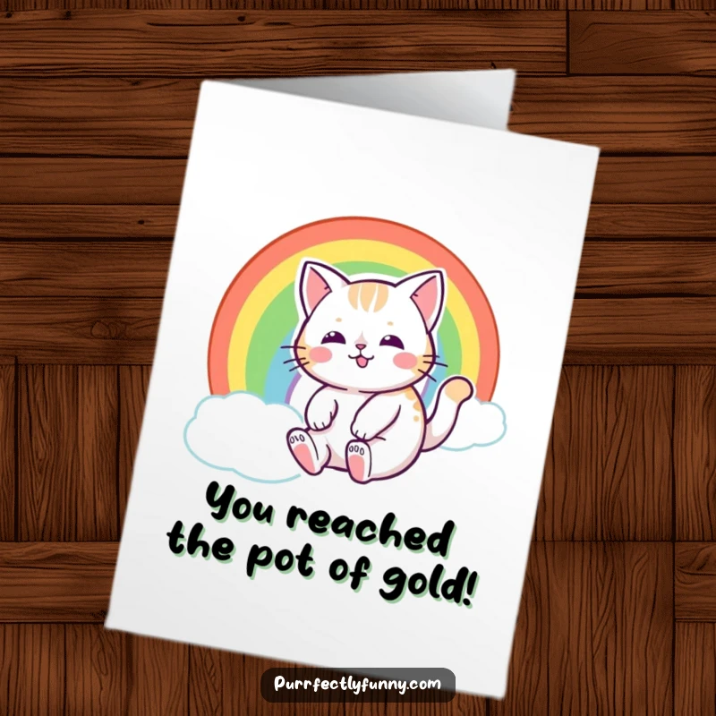Funny Free Printable Congratulations Card: A happy cat smoothly sliding down a bright rainbow, signifying a joyous ride.