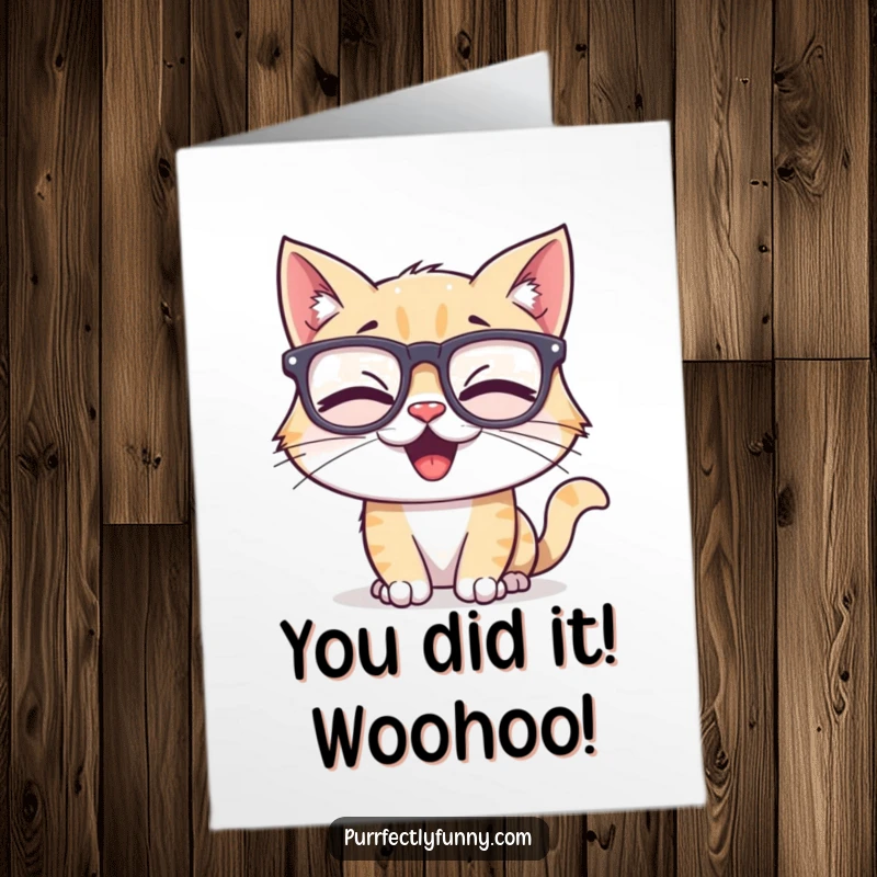 Free Printable Congratulations Card: A cat sports oversized silly glasses and giggles, perfect for a funny congratulatory message.