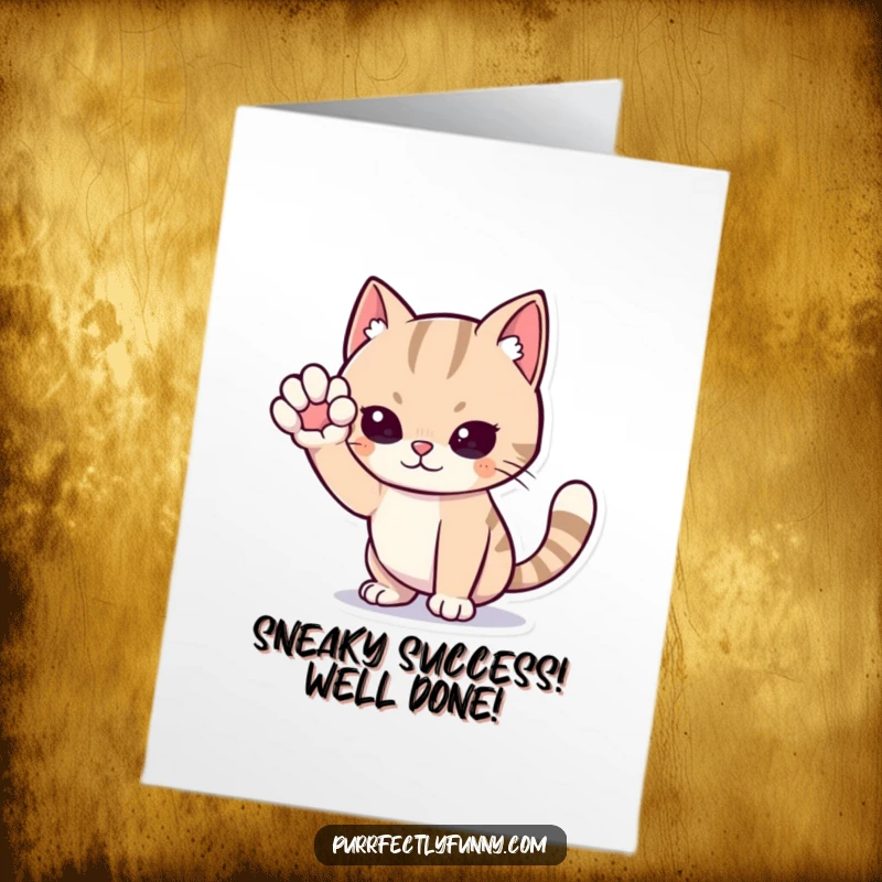 Funny Free Printable Congratulations Card: Cat is dramatically sneaking, one paw held high, ready to strike, a stealthy downloadable message.