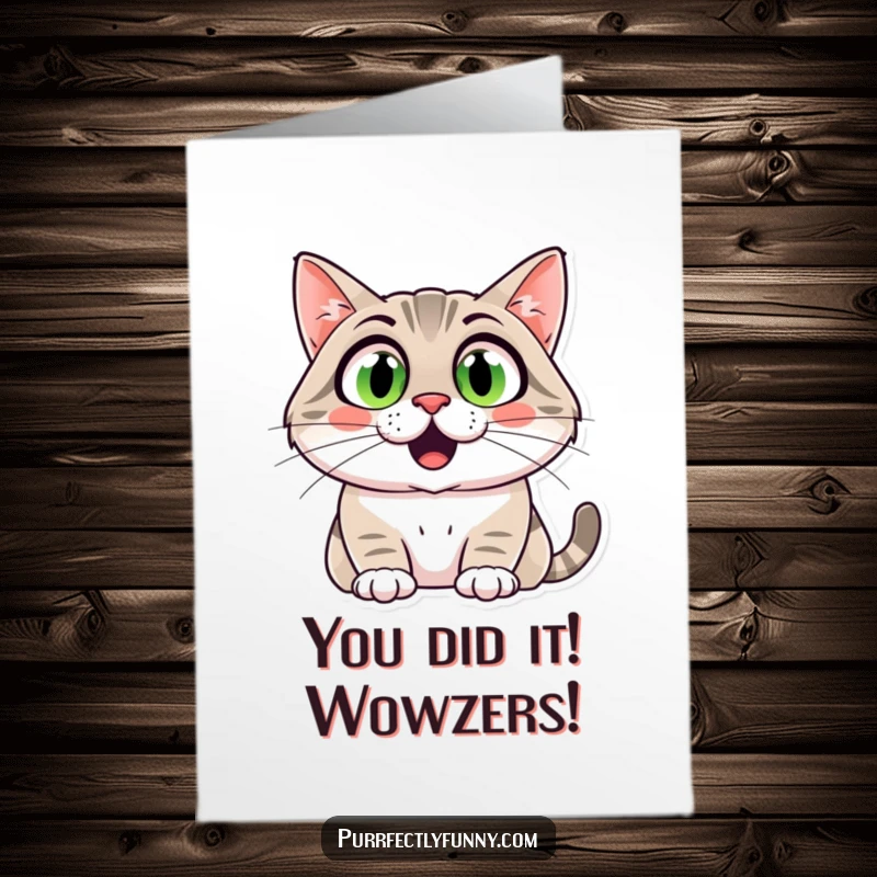 Funny Free Printable Congratulations Card of a cat with massive, shocked eyes and a huge, delighted smile.