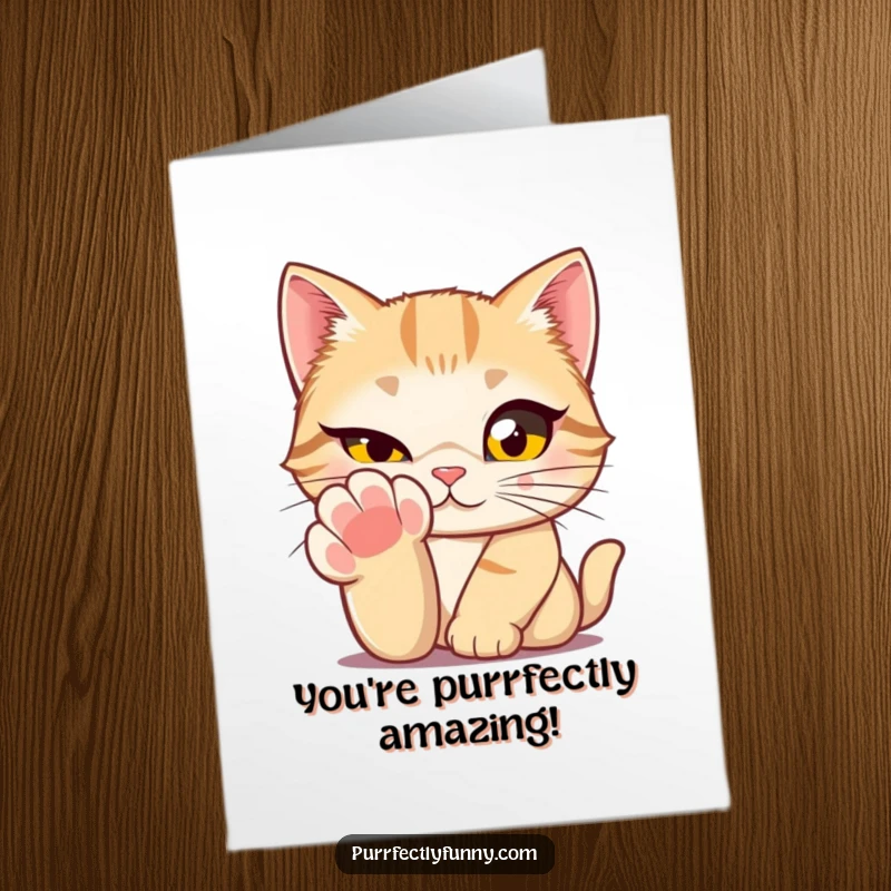 Funny Free Printable Congrats Card: A large-eyed cat peeks out from behind a paw, giving a playful wink.