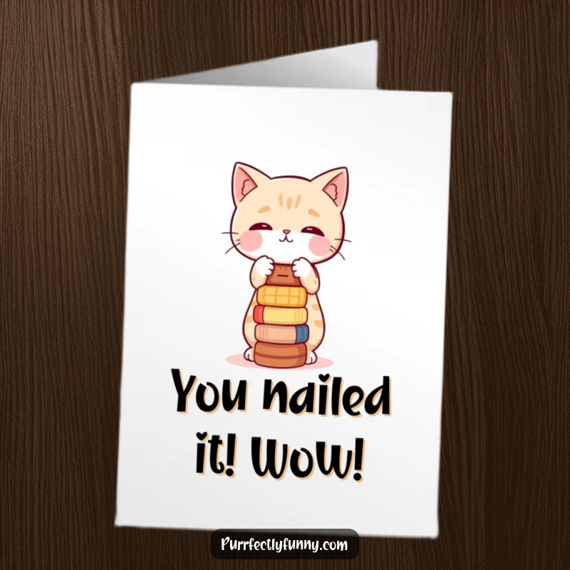 Funny Free Printable Congratulations Card: Cat triumphantly balancing wobbly items, a metaphor for achieved success.