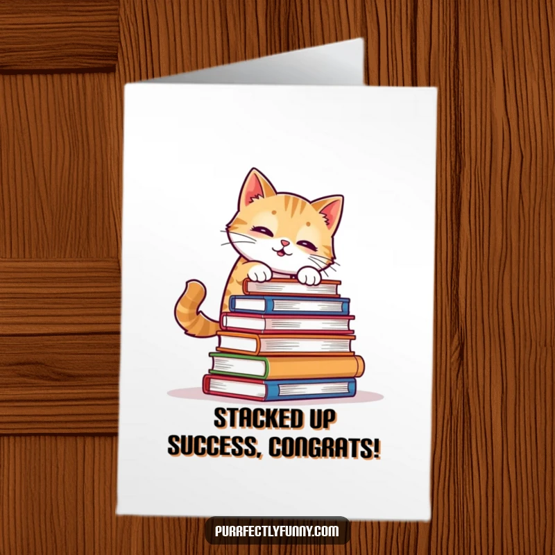 Funny Free Printable Congratulations Card: A cat humorously wobbles while trying to balance a precarious stack of books.