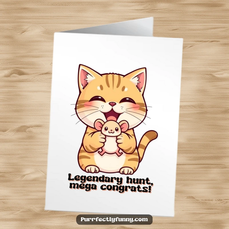 Funny Free Printable Congratulations Card: A cat grins triumphantly, holding a small toy mouse as a prize.