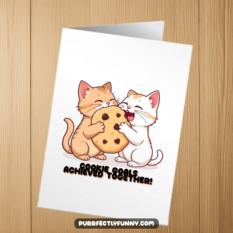 Hilarious free printable congratulations card of two cats playfully sharing an enormous cookie. Delicious victory!