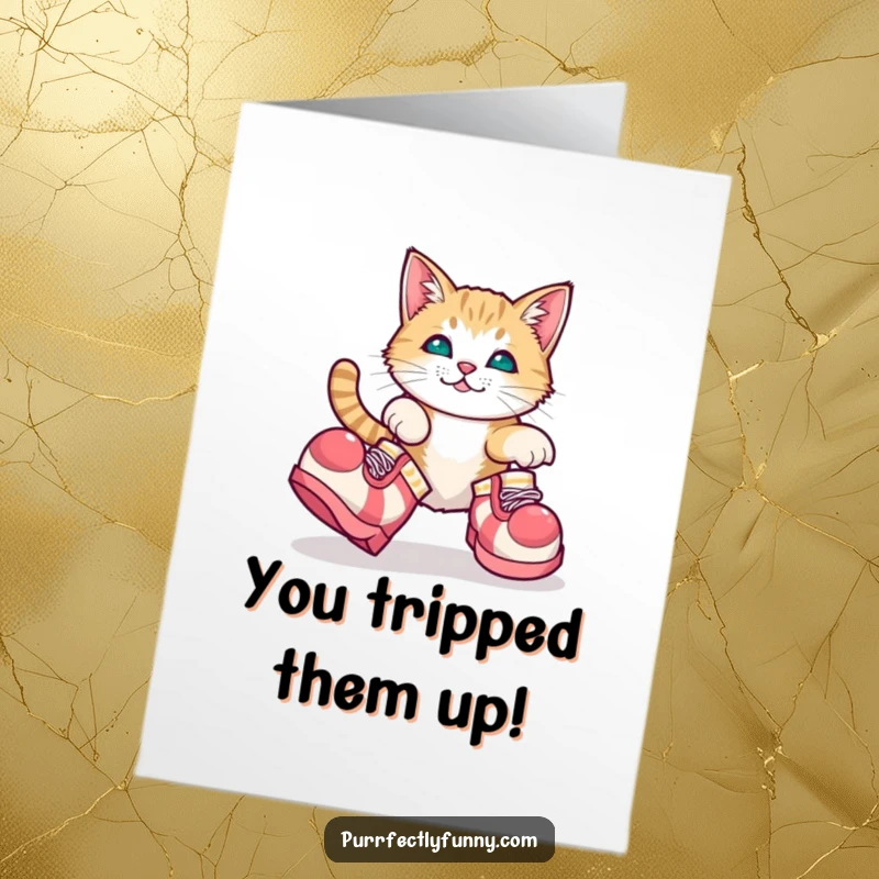 Hilarious free printable congratulations card of a cat adorably tripping in oversized clown shoes. A funny win!