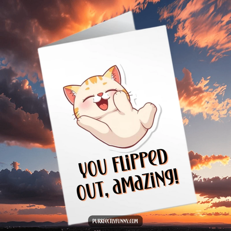 Funny Free Printable Congratulations Card: A cat is caught mid-tumble, eyes wide with delight and pure fun.