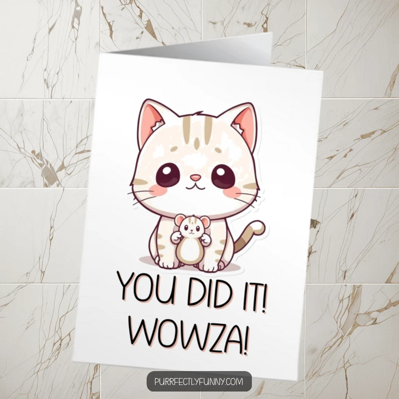 Funny Free Printable Congratulations Card: Wide-eyed cat looking shocked as a small toy mouse suddenly appears.