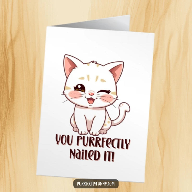 Funny Free Printable Congratulations Card: A cat with a sly wink and a wiggly tail, celebrating someone's amazing achievement.