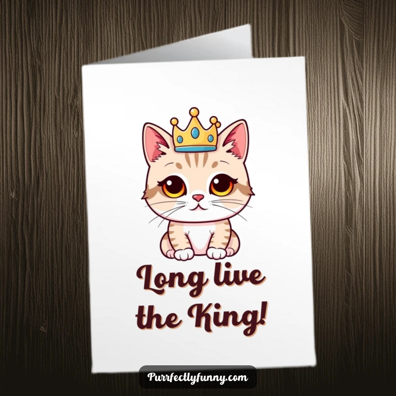 Funny Free Printable Congratulations Card: A cat looking hilariously proud while wearing a miniature golden crown. Downloadable celebration.
