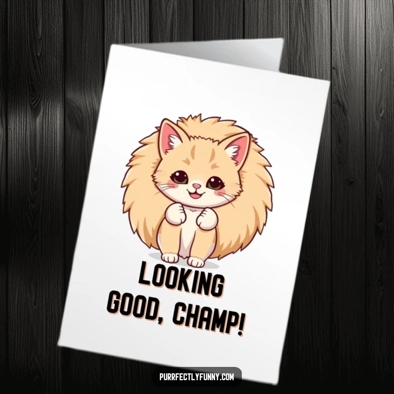 Funny Free Printable Congratulations Card: A cat's comically large smile peeks from behind its fluffy tail, celebrating wins with pure delight.