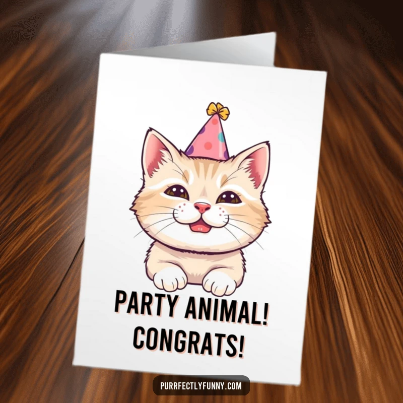Funny Free Printable Congratulations Card: A cat beams with a comical grin under a tilted party hat, celebrating your success.