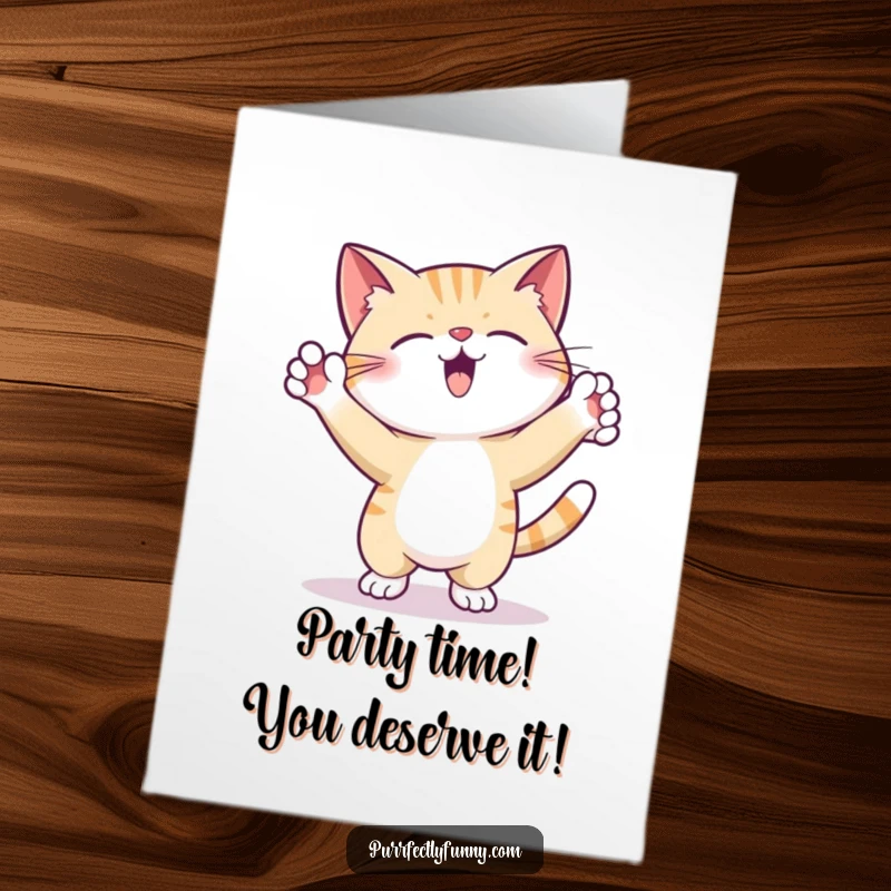 Funny free printable congratulations card showing a cat doing a happy, silly dance with its paws raised high.