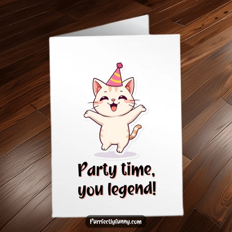 Funny Free Printable Congratulations Card: A cat in a tiny party hat, bouncing high with excitement to celebrate a win.
