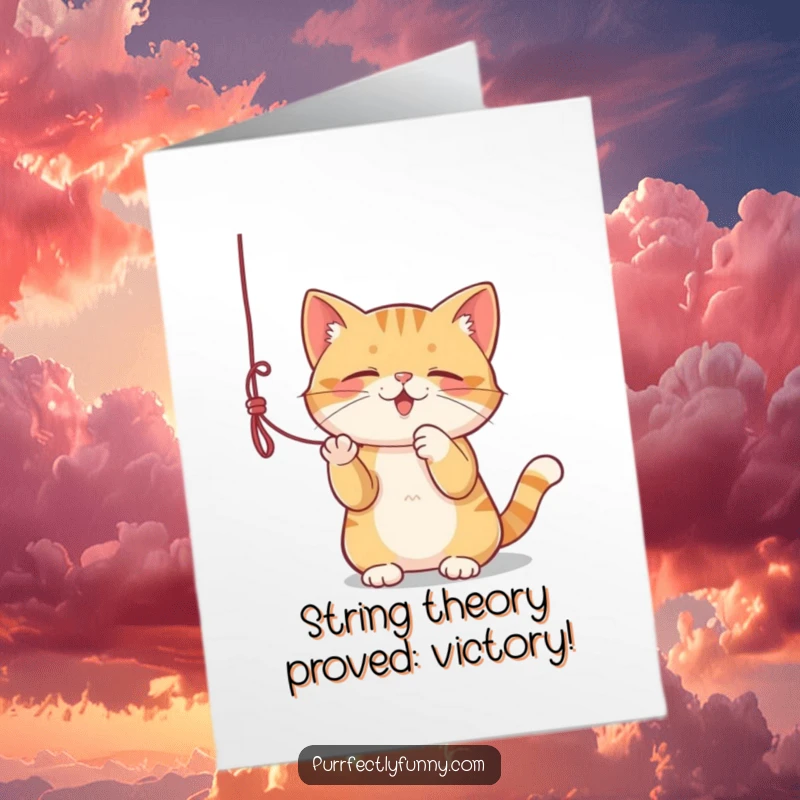 Funny Free Printable Congratulations Card: A cat intensely focuses on batting a dangling string, celebrating achievement.