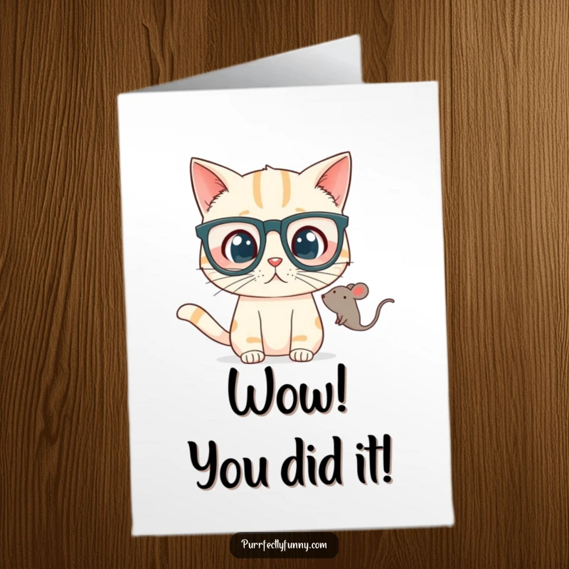Funny free printable congratulations card: a cat in oversized glasses reacts with surprise to a hovering toy mouse.
