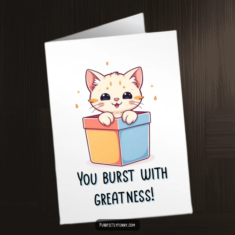 Funny Free Printable Congratulations Card: A Cat Character Erupting from a Colorful Gift Box in Celebration