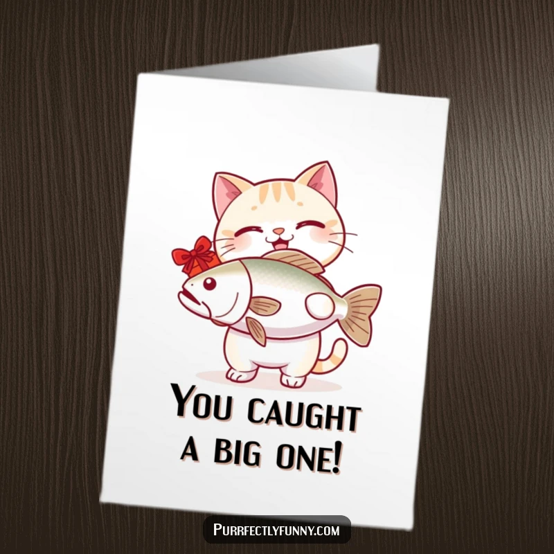 Funny free printable congratulations card with a cat offering a massive fish as a celebratory, humorous gift.