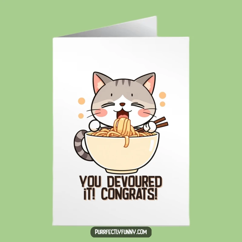 Free Printable Congrats Card: Happy Cat Noodle Feast - Funny Downloadable Success