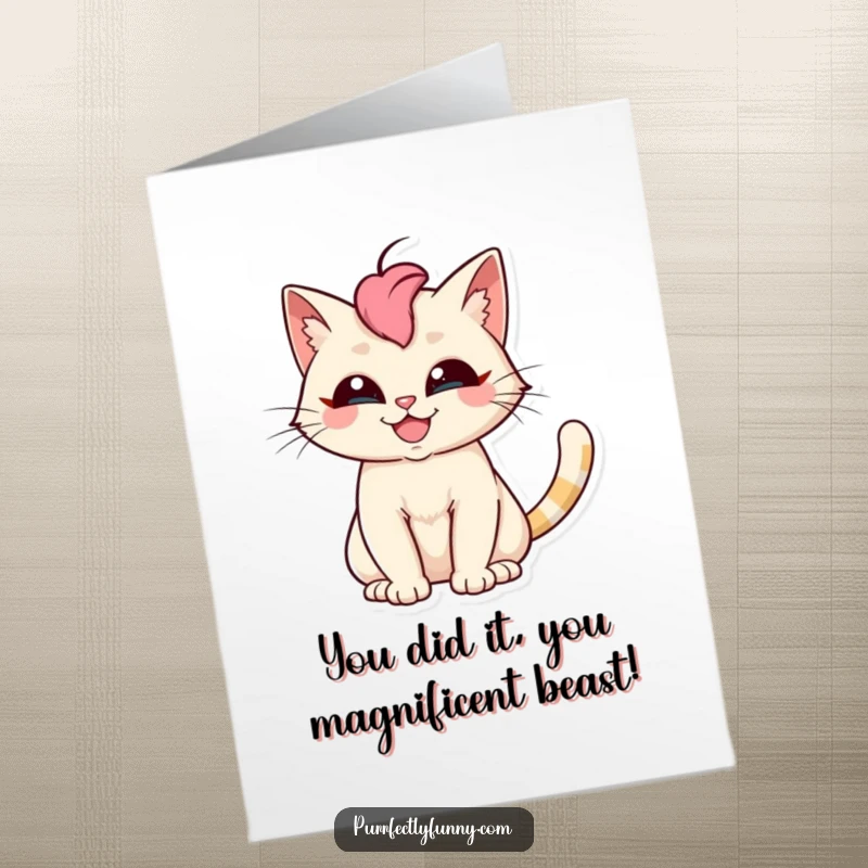 Funny Free Printable Congrats Card: Cat with a silly grin and a wildly fanned-out tail celebrating success.