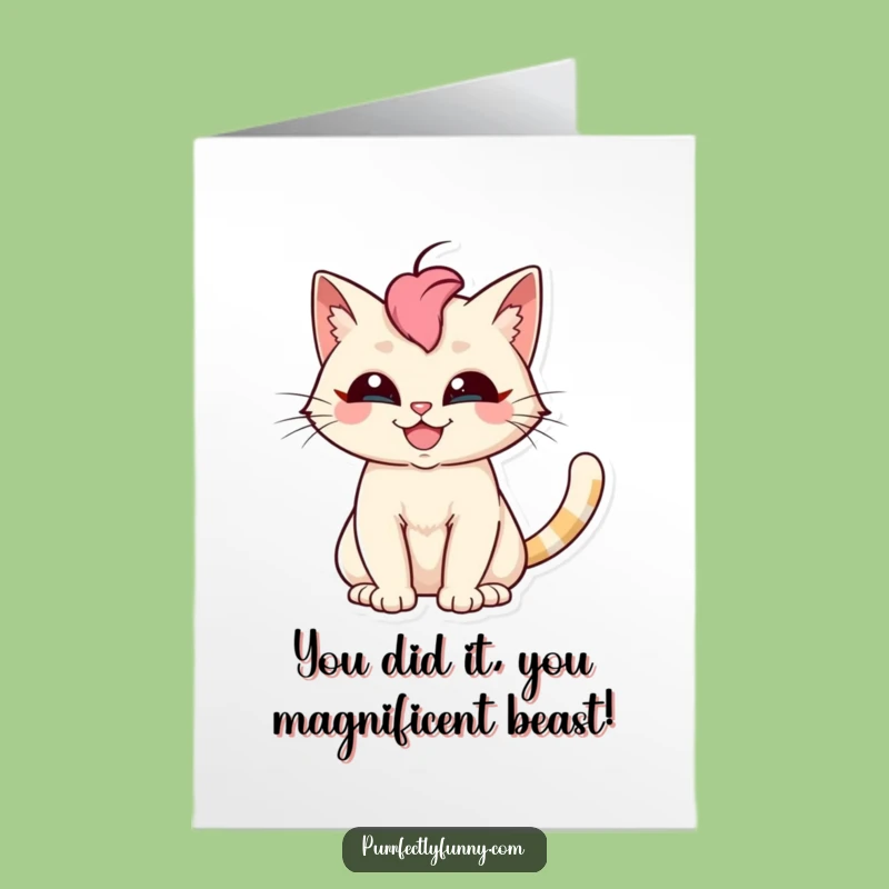 Free Printable Congrats Card: Silly Cat Grin Tail Fan Funny Downloadable Gift