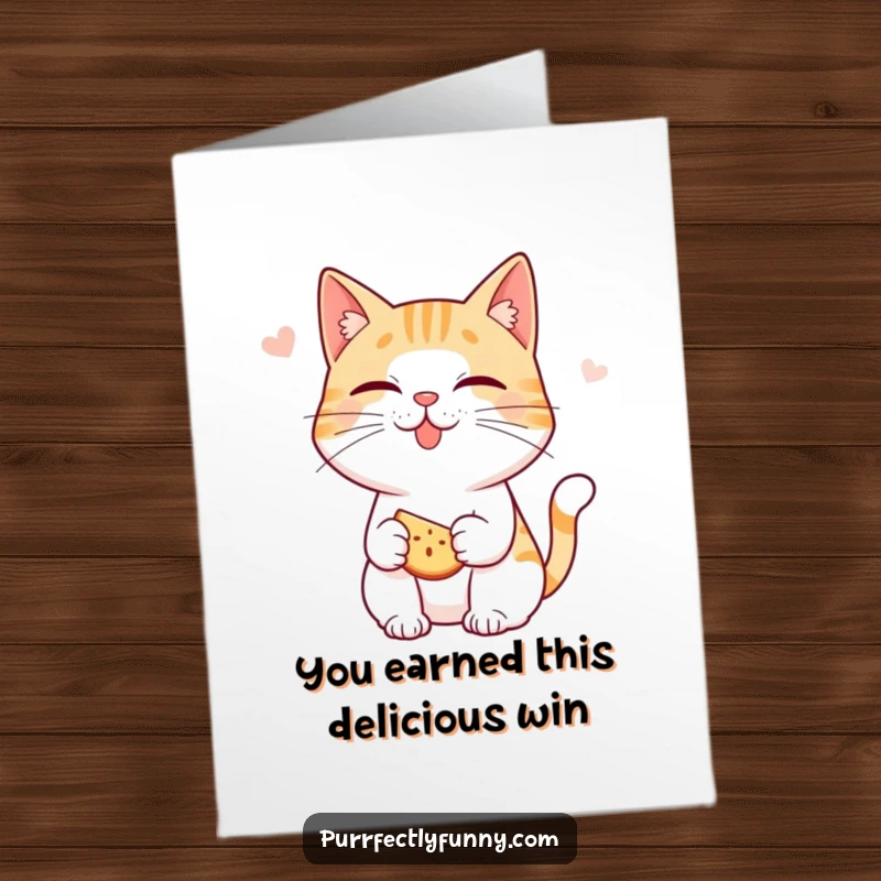 Funny Free Printable Congrats Card: Cat character smacking its lips, looking forward to something delicious.