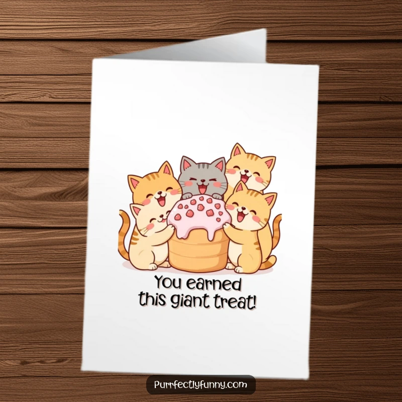 Funny Free Printable Congratulations Card: A joyful cat squad shares a massive treat, symbolizing shared success.