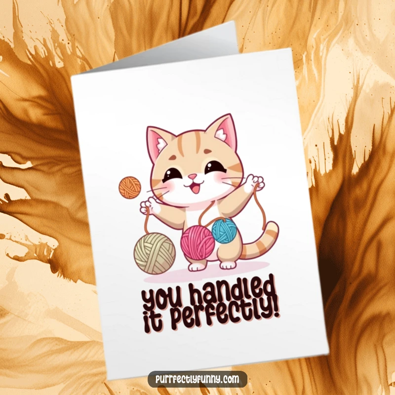 Funny Free Printable Congratulations Card: A cat concentrating as it juggles three overflowing balls of yarn.