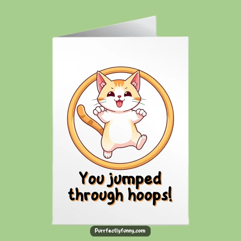 Free Printable Congratulations Card: Triumphant Cat Hoop Jump Funny Downloadable