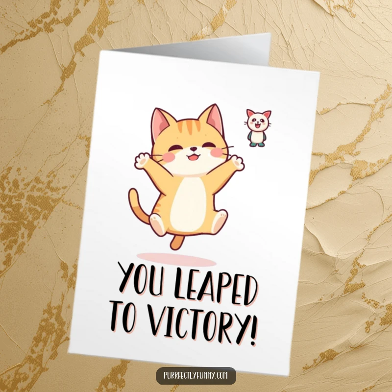 Funny Free Printable Congratulations Card: A joyful cat leaping with paws ready, celebrating success with playful energy, a perfect downloadable gift.
