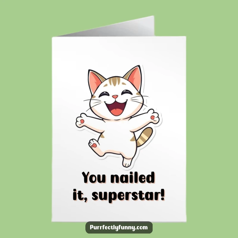 Free Printable Congrats Card: Elated Cat Leap, Humorous Downloadable & Print at Home Surprise