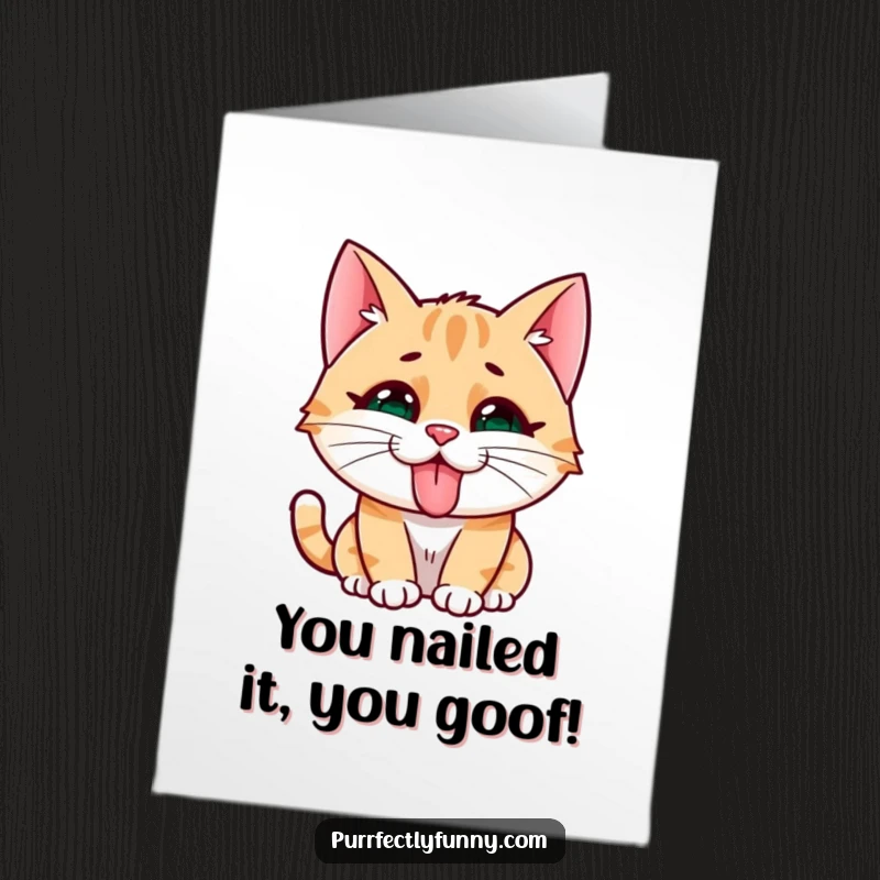 Funny Free Printable Congratulations Card: A Cat Character Sticking Its Tongue Out in a Funny Expression