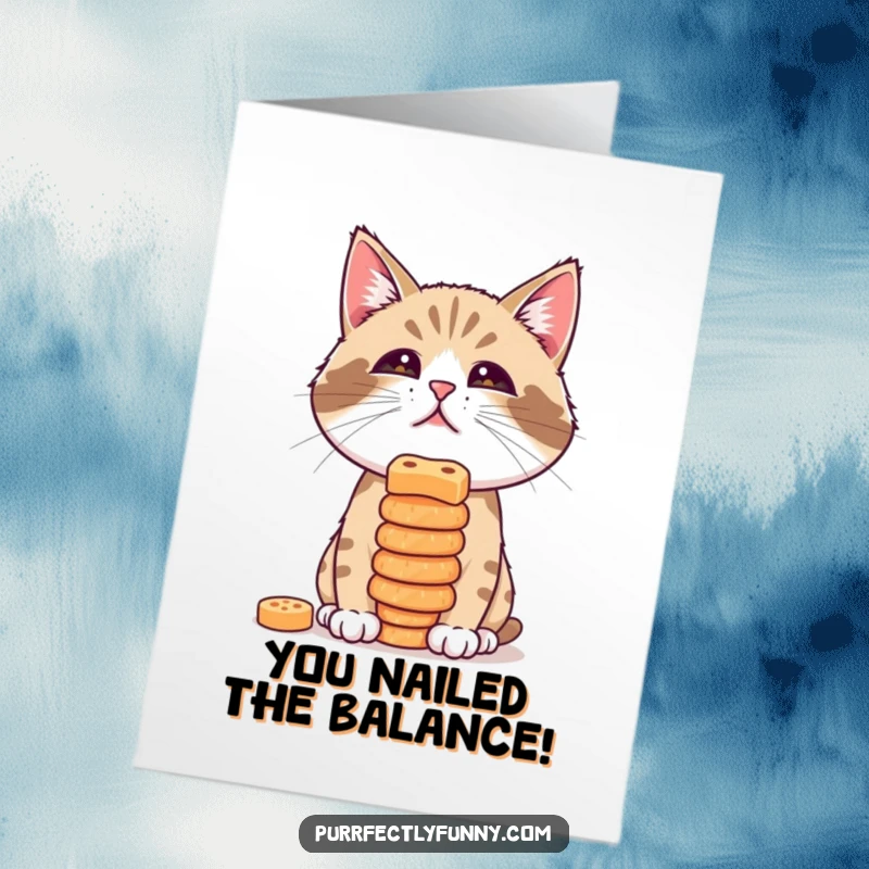 Funny Free Printable Congratulations Card: A cat focused on balancing a stack of treats perfectly on its nose, celebrating success humorously.