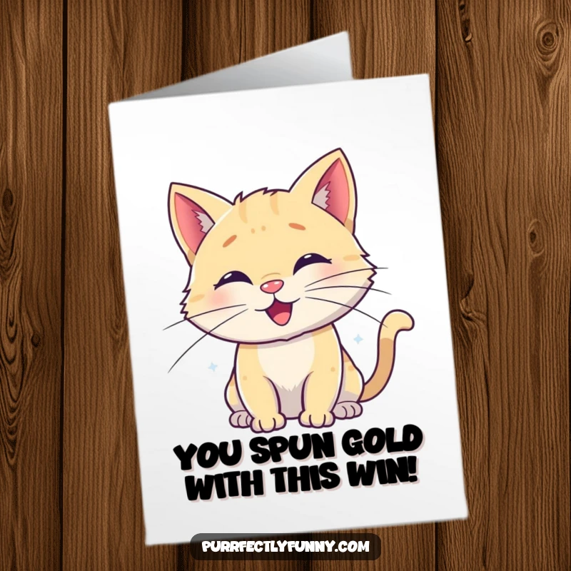 Funny Free Printable Congratulations Card featuring a happy cat with whiskers playfully curled into joyful, whimsical spirals.